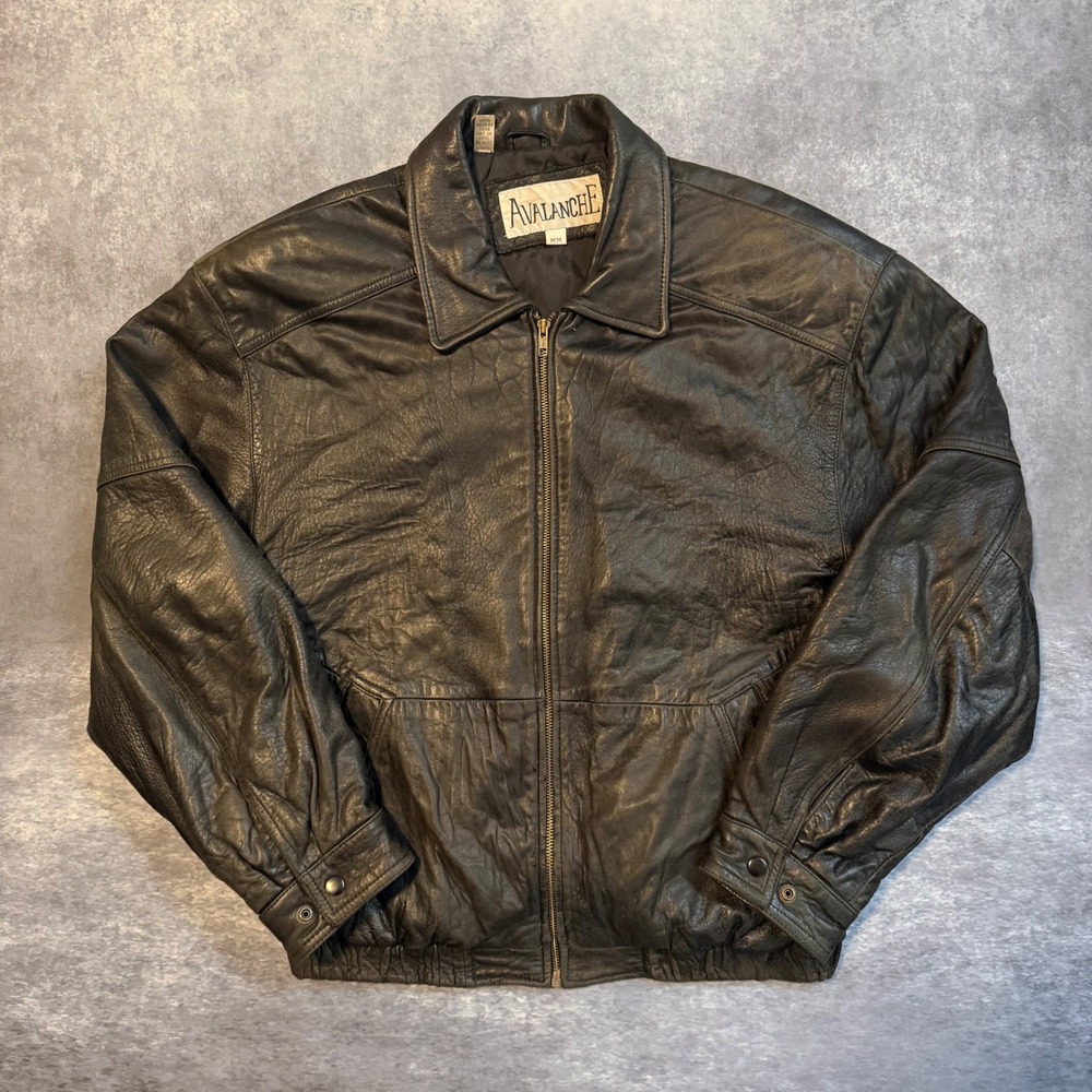 Vintage Avalanche Mens Black Leather Bomber Jacket Size Medium Full Zip